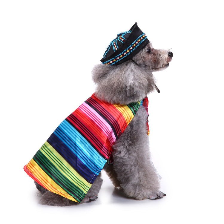 Dog rainbow striped shirt with black-and-green decorative hat