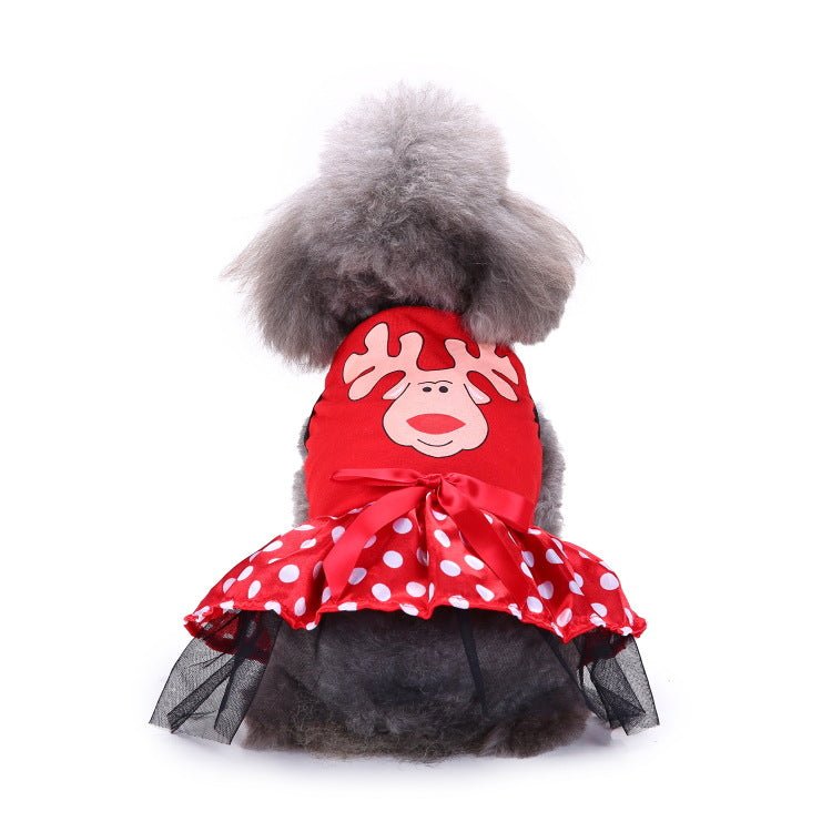 Red reindeer dog dress with white face graphic, bow-tie waist, and black tulle skirt