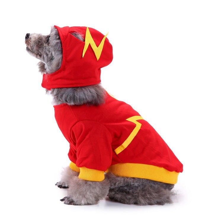 Red and gold holiday dog matching set with pointed hat and ribbed yellow cuffs