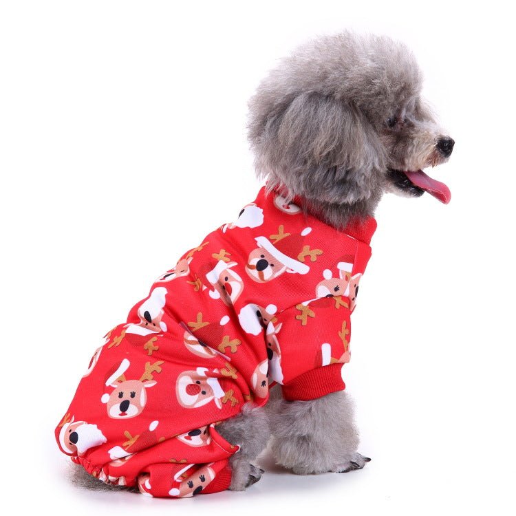 Red dog pajamas with cartoon reindeer prints and matching long-sleeve hooded top