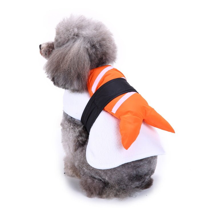Dog Halloween style vest with black strap, orange sleeves, and white panel