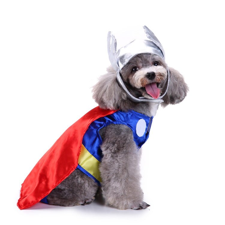 Red, blue, and yellow raglan dog superhero suit with silver helmet hood