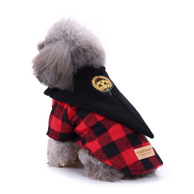 Red and black checkered dog cape outfit with black top hat and yellow emblem