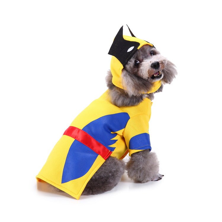 Yellow and blue superhero dog costume with black bat-like headpiece