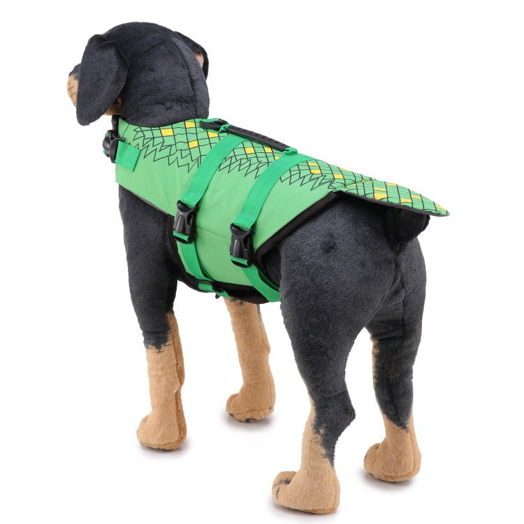 Pet life jacket swimsuit in green with yellow graphic, black straps