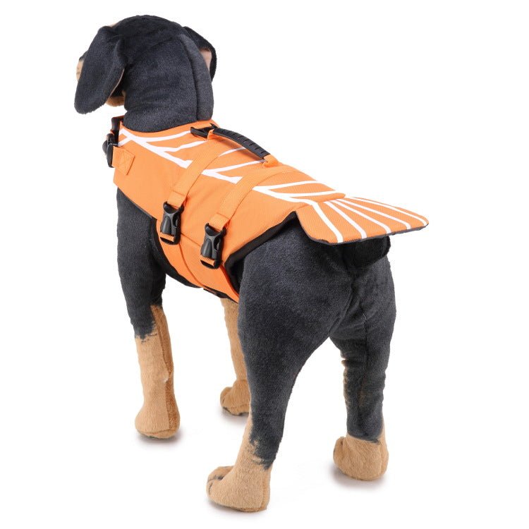 Pet life jacket swimsuit in orange with white stripe print, black straps