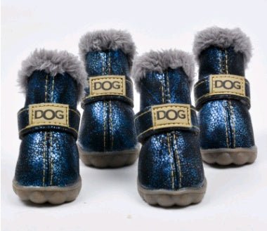 Dark blue dog snow boots with fuzzy trim, thick sole, and DOG logo hook-and-loop straps