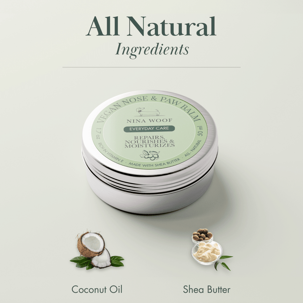 Round silver dog nose and paw balm tin with green label and ingredient icons