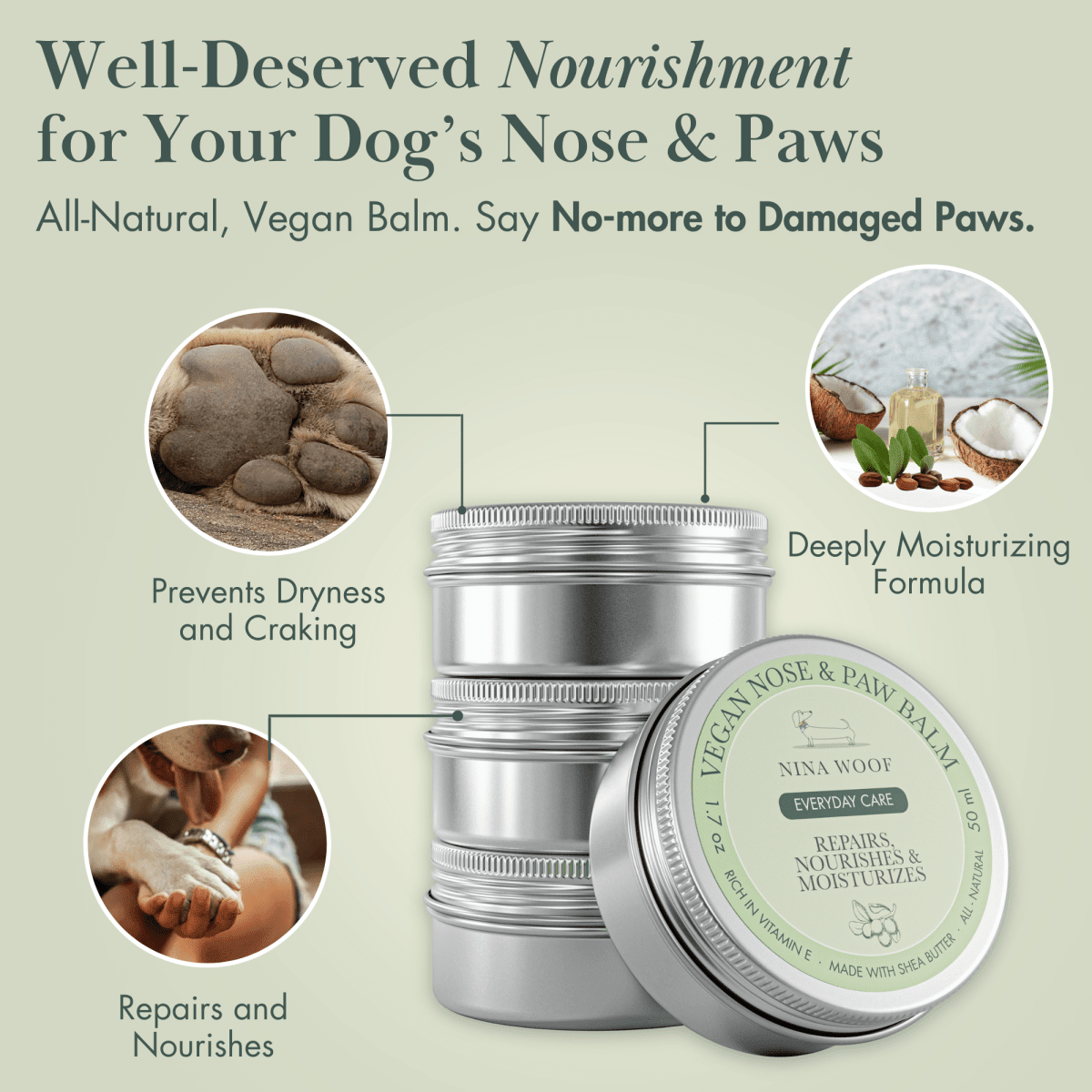 Silver dog nose and paw balm tin with round green label