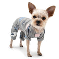 Gray dog pajamas with long sleeves and colorful bird print, worn by a small pet