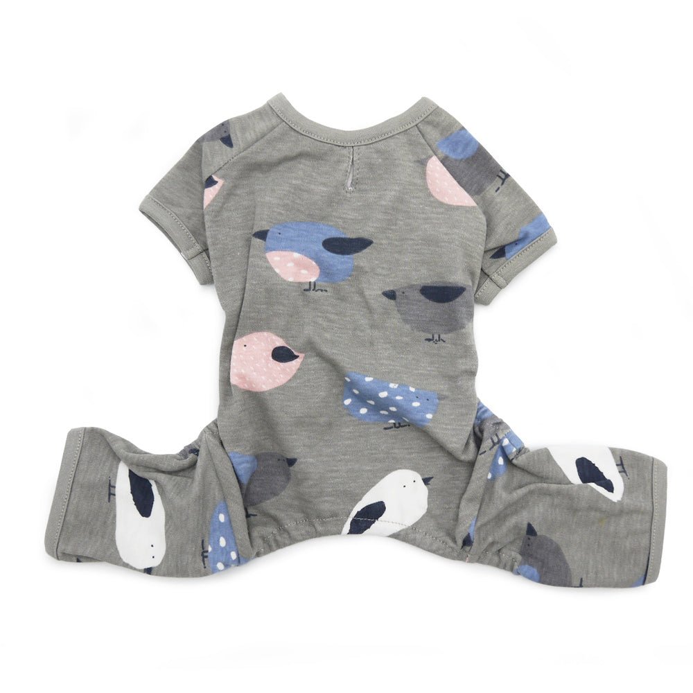 Gray bird-print dog pajama set laid flat, with short sleeves and matching pants