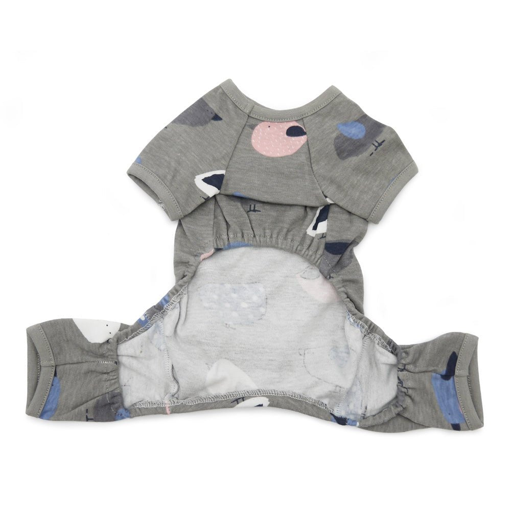 Gray dog pajama set laid flat from the back, bird print and elastic waist