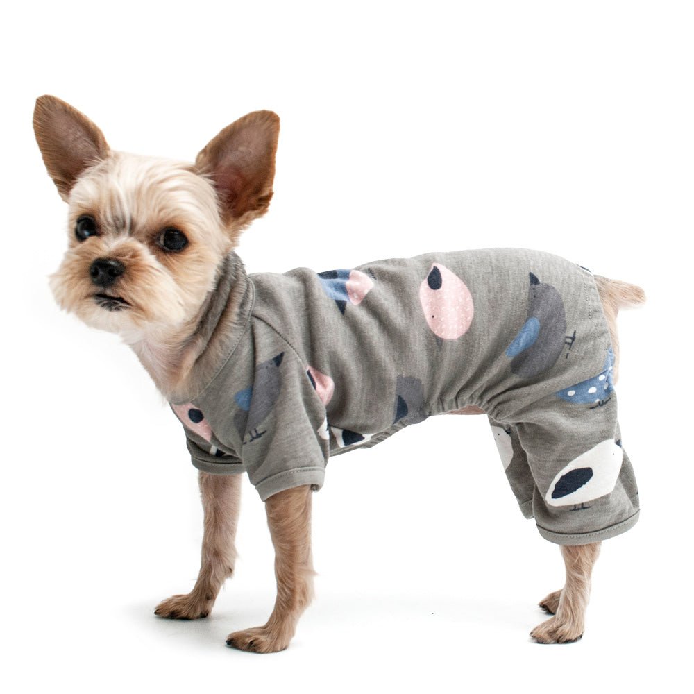 Gray dog pajamas with colorful bird print, long-sleeve one-piece worn in profile