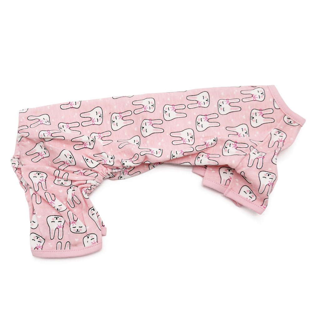 Pink dog pajama pants with repeating bunny print and elastic leg openings