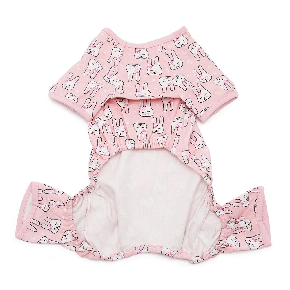 Pink bunny-print dog pajama set with elastic openings and pale inner panel
