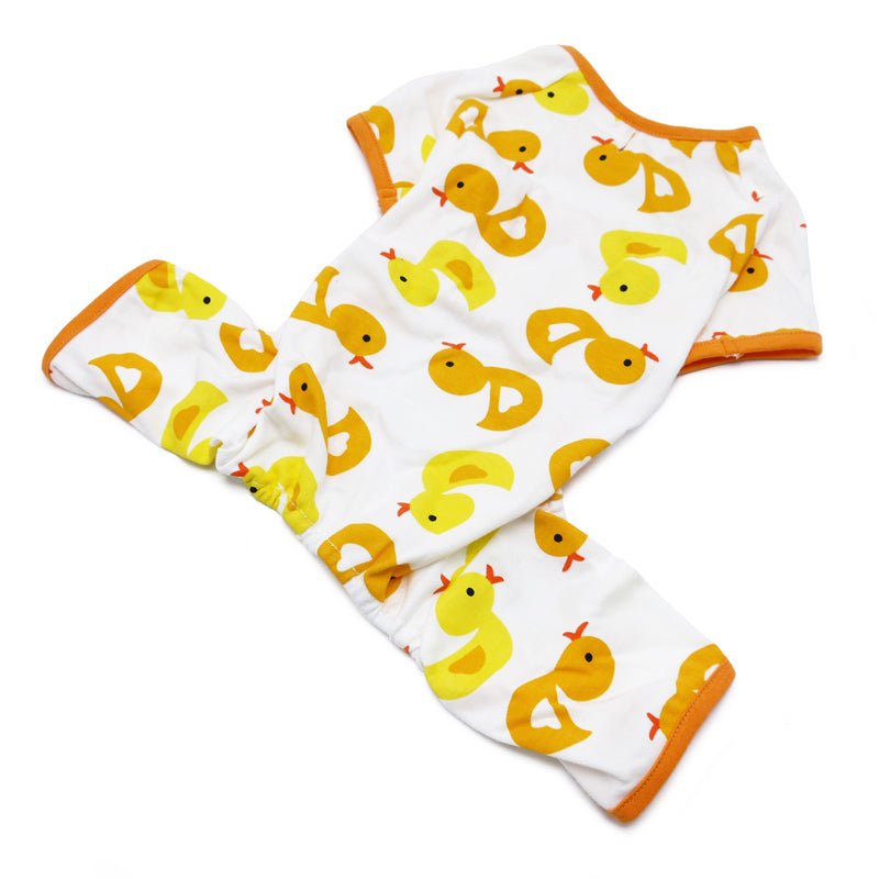 White dog pajama with yellow duck allover print and orange-trimmed cuffs and neckline