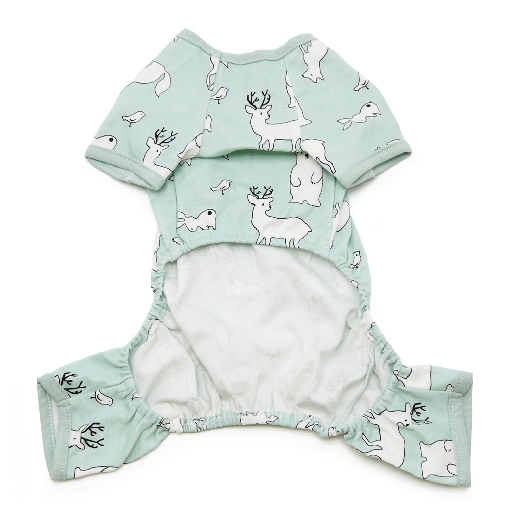 Teal pet pajamas with short sleeves and allover white animal print, back view