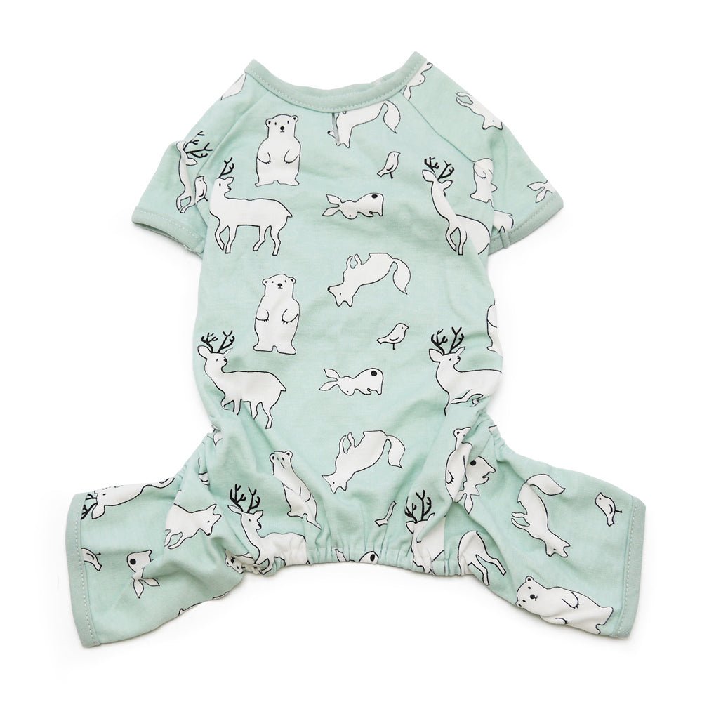 Teal pet pajama set with short sleeves and allover white animal print, flat lay