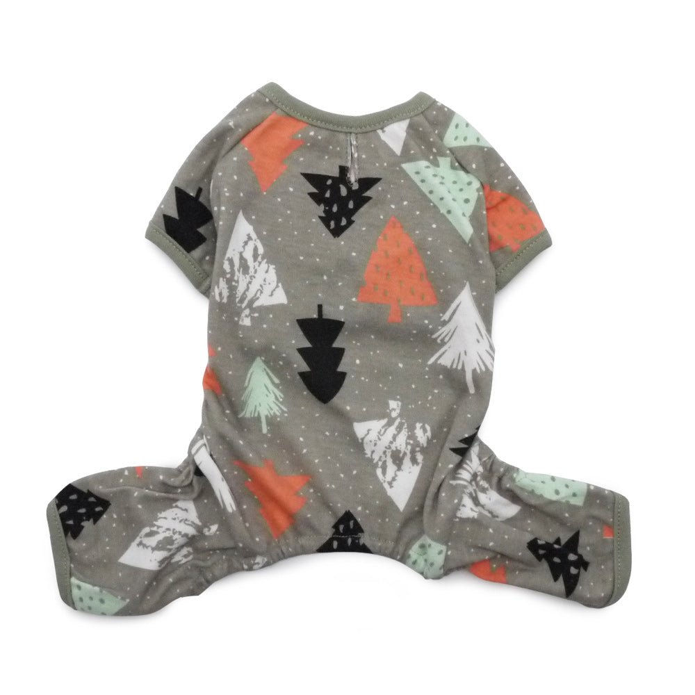 Gray pet pajama top with short sleeves and forest-themed prints, round neckline