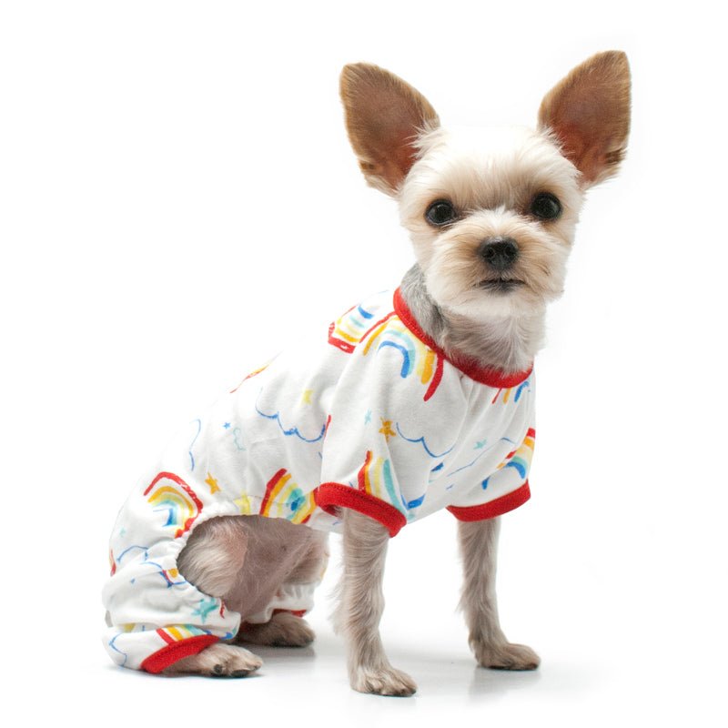 White dog pajamas with rainbow and cloud print, red collar and cuffs