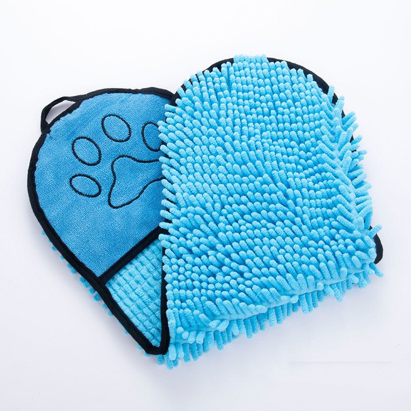Blue and black paw-print microfiber pet bath robe towel with fluffy loop trim, flat