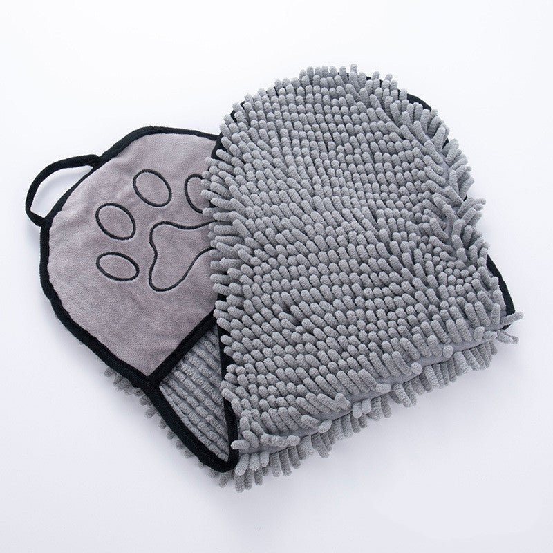 Grey microfiber pet bath towel mitt, heart-shaped dog paw pattern, looped pile