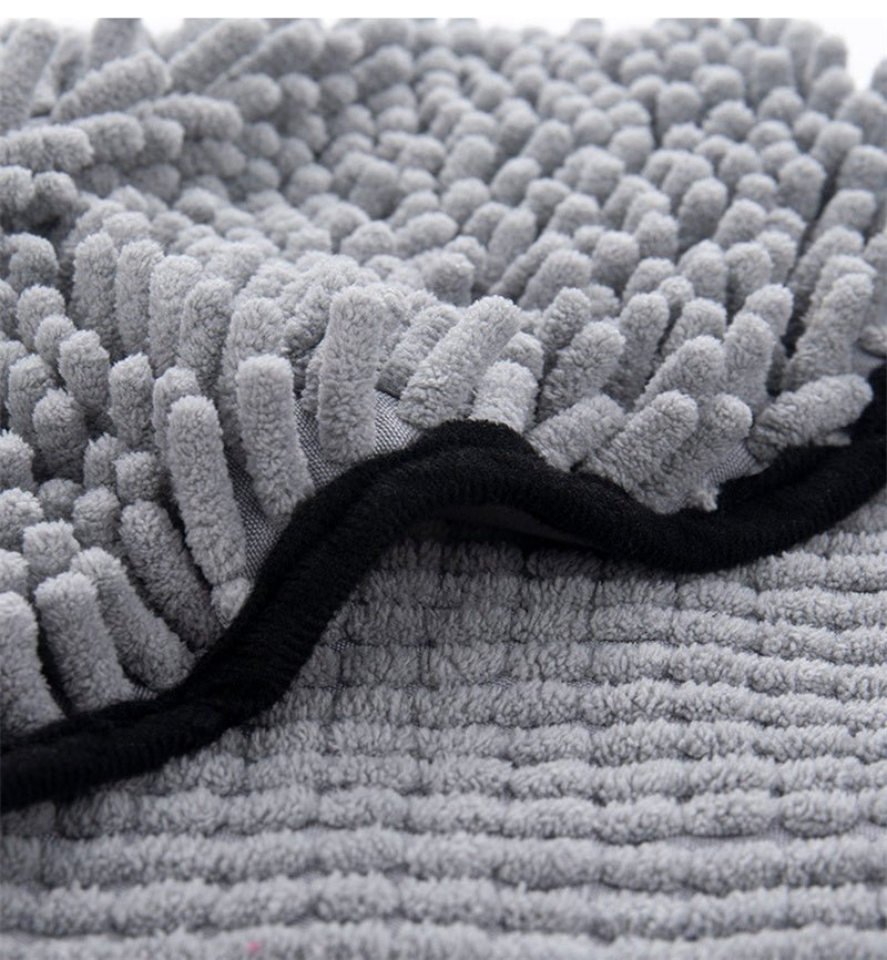 Gray microfiber pet bath robe towel fabric with fluffy loop texture and black edge trim