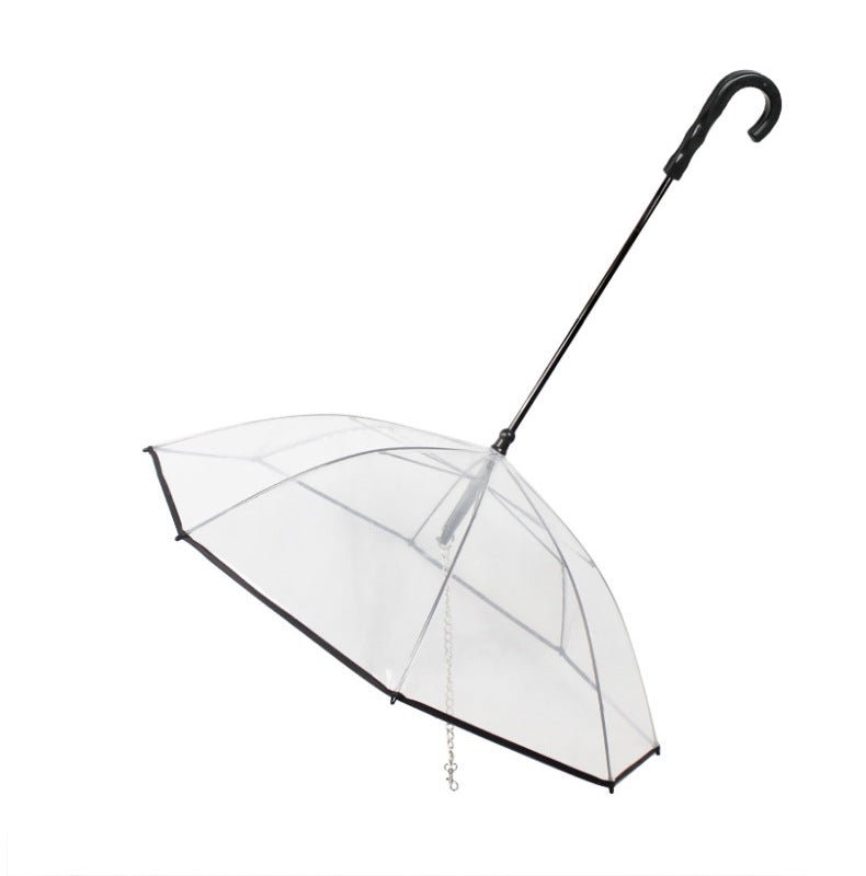 Transparent dog umbrella with black hook handle and traction chain, open canopy view