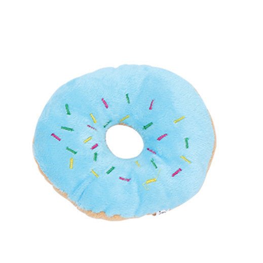 Light blue plush donut pet toy with multicolor sprinkle stitching and a round center hole