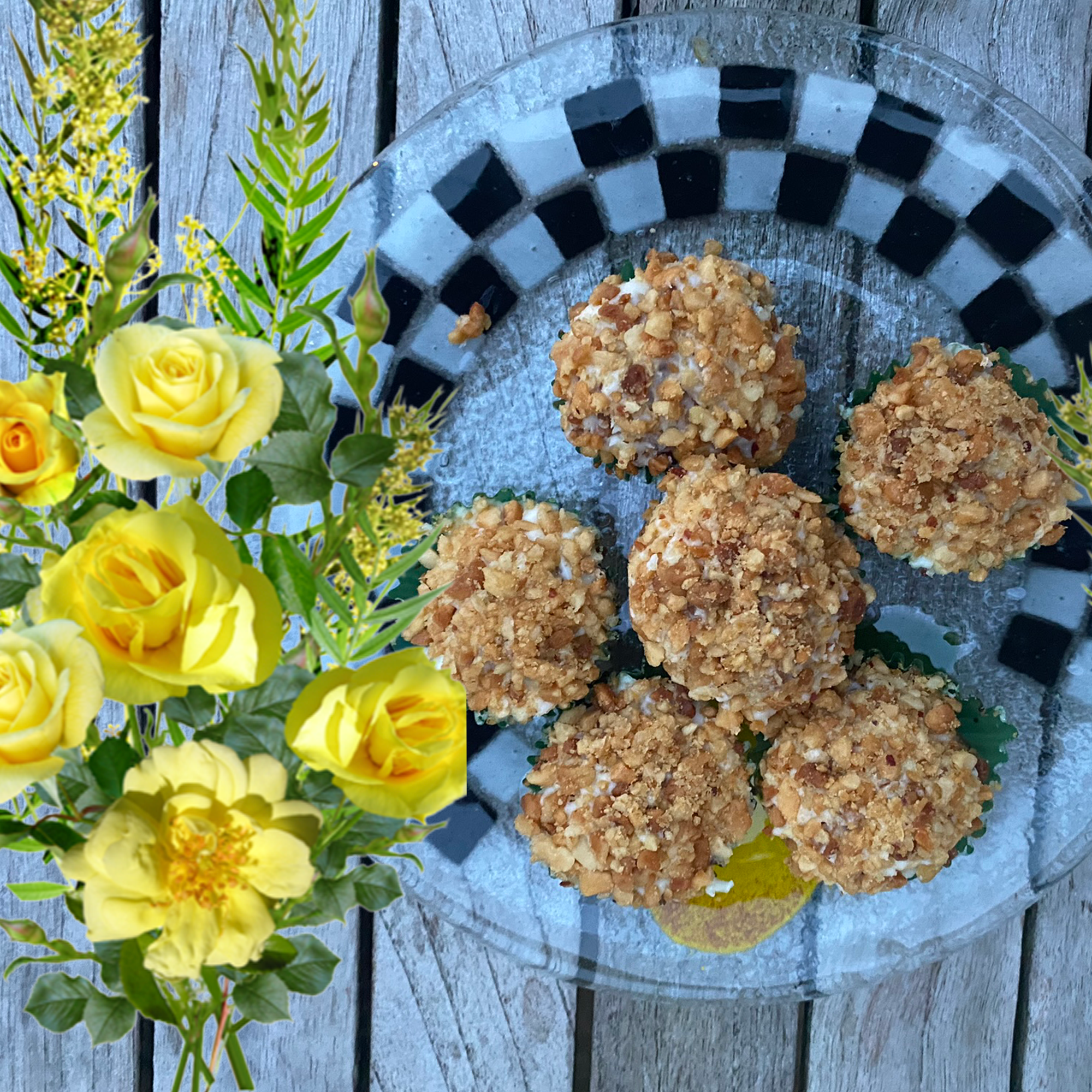 Crumb-topped mini apple pupcakes, round organic pet treats on serving plate