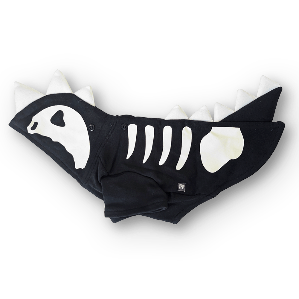 Black hoodie sweatshirt with white ribcage and skull graphic, flat front view
