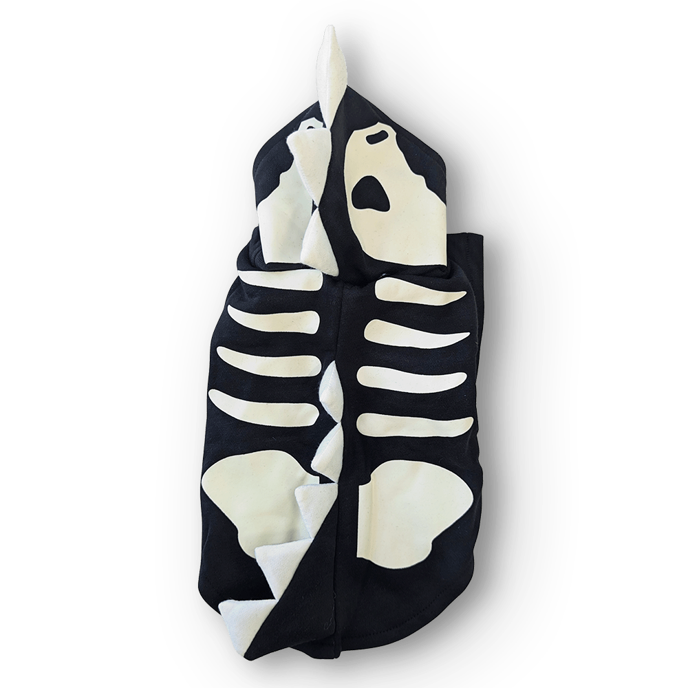 Black hoodie sweatshirt with large white dragon skull print, flat front view