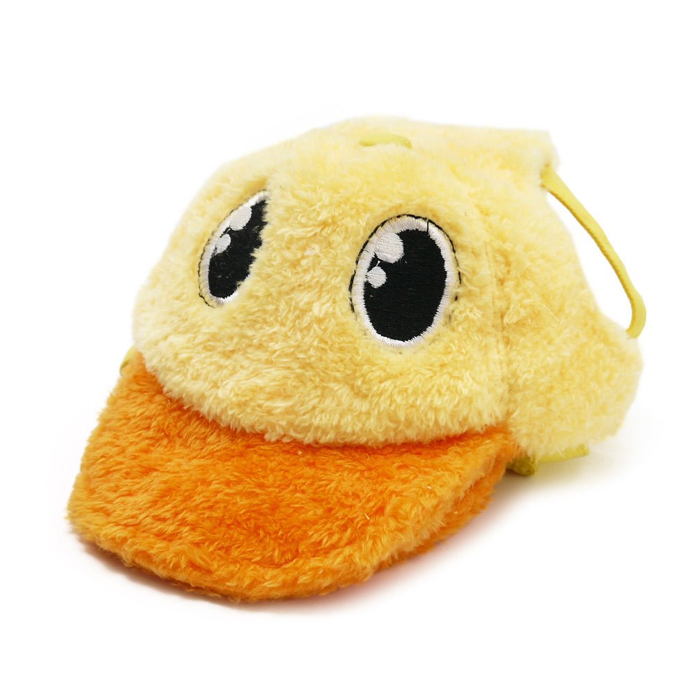 Plush duck baseball hat in yellow with orange bill and embroidered black eyes