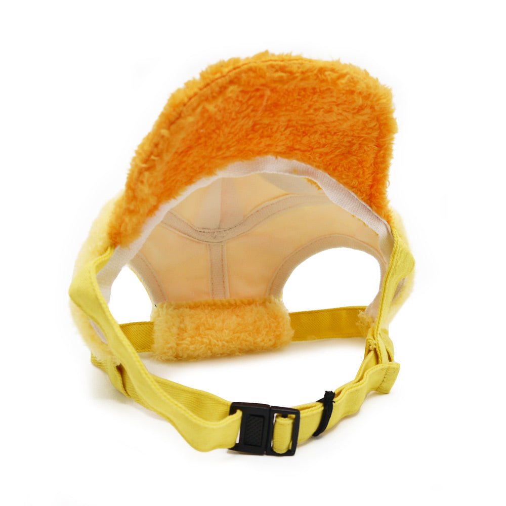 Duck baseball hat back view with mesh interior and yellow strap with black buckle