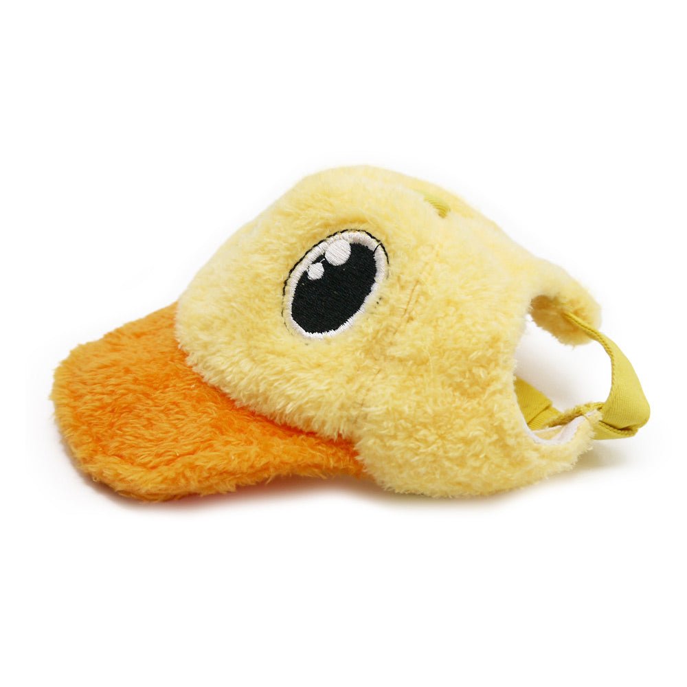 Plush duck baseball hat with yellow head, orange bill, and adjustable side strap
