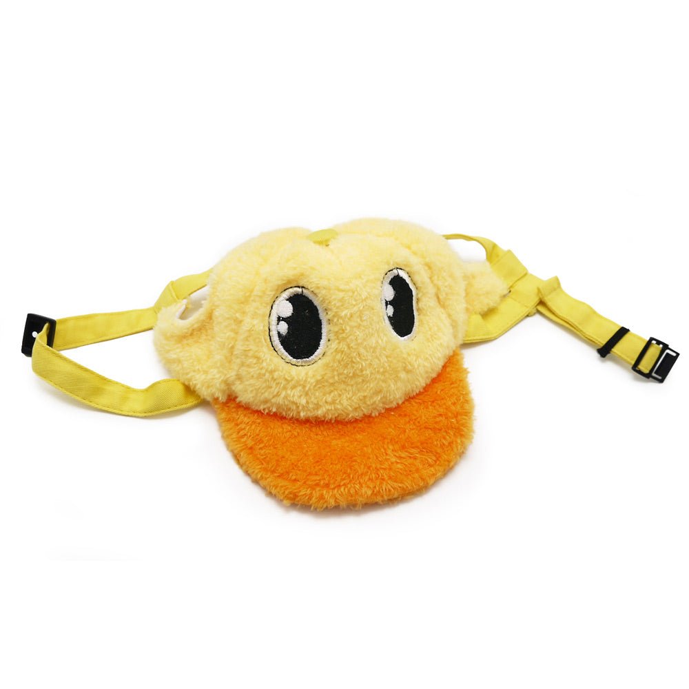 Plush duck baseball hat laid flat with yellow-and-orange face and long strap