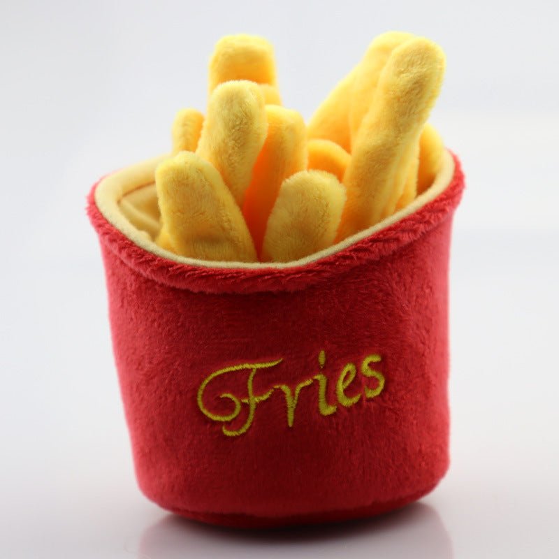 Plush fries dog chew toy with yellow fuzzy fries inside red fabric container