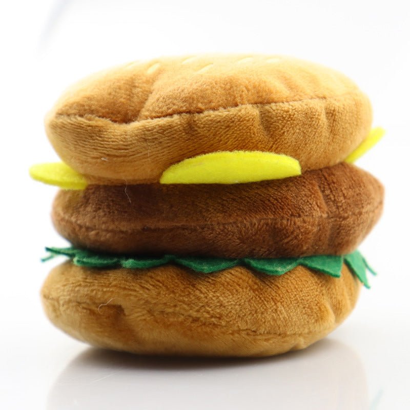 Plush hamburger dog chew toy with stacked brown layers and green lettuce trim