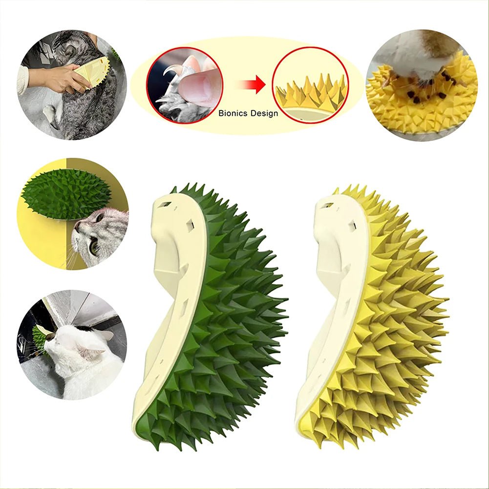 Durian-shaped pet grooming scratcher toy shown in green and yellow curved spike styles
