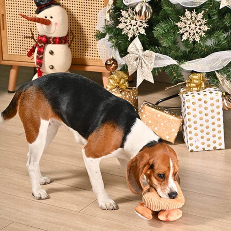 Plush dog cookie board toy with candy-cane striping, beside a dog