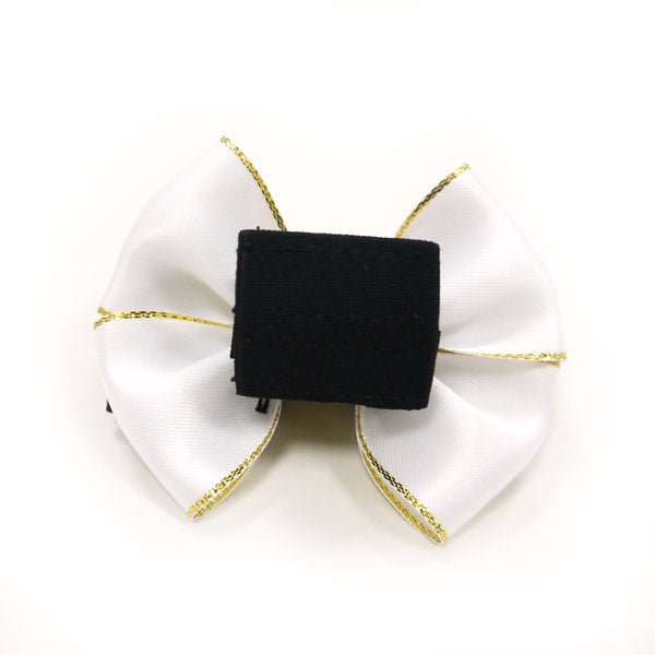 Black bow tie with gold ribbon ends and back clip