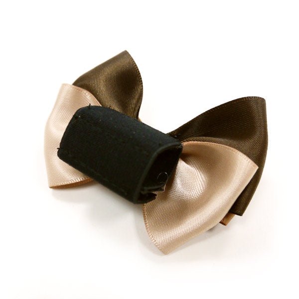 Beige and brown bow tie with black center strap and matching fabric tails