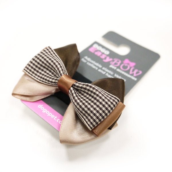 Bow tie with brown outer loops, beige tips, and black houndstooth bow