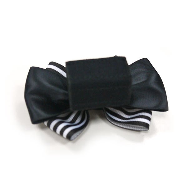 Black bow tie with striped underside, side view