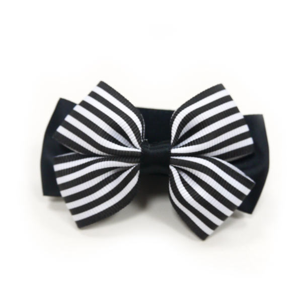 Black-and-white striped bow tie with black center knot