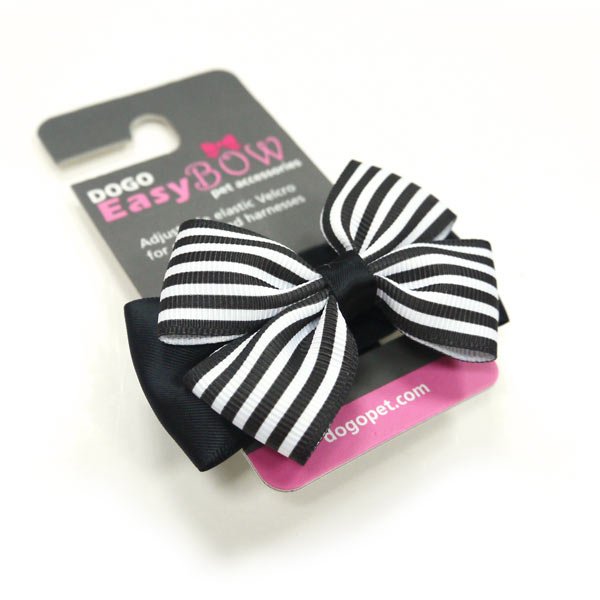 Black-and-white striped bow tie on retail card