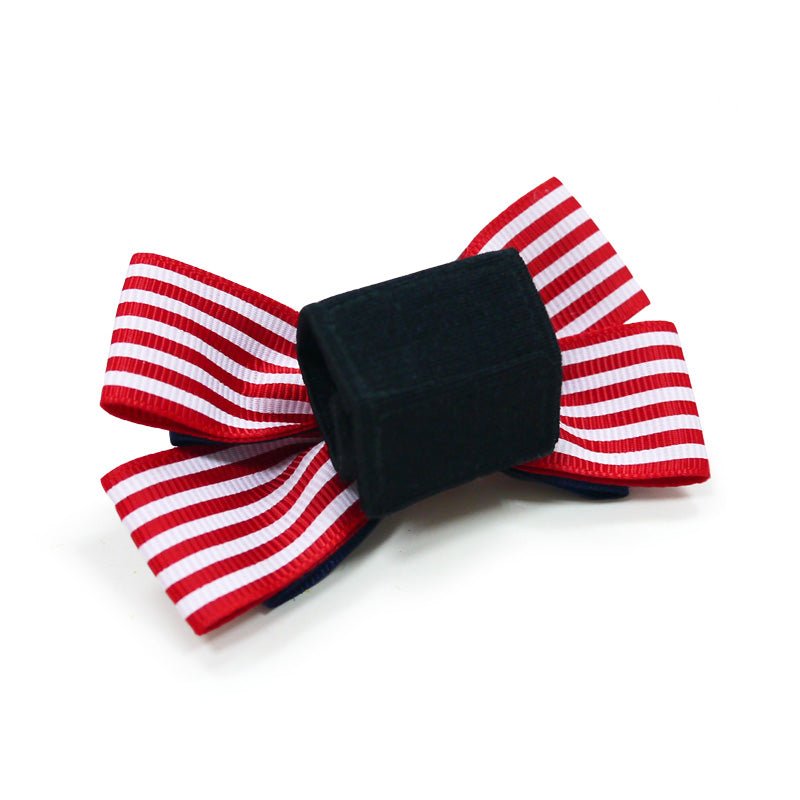 Nautical pet bow with red/white striped loops and a dark center fabric patch