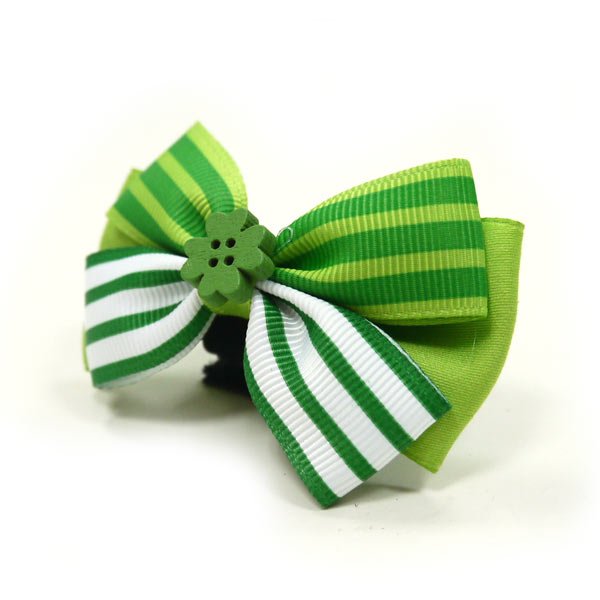St. Patrick's bow: green and white striped loops with green clover on dark center