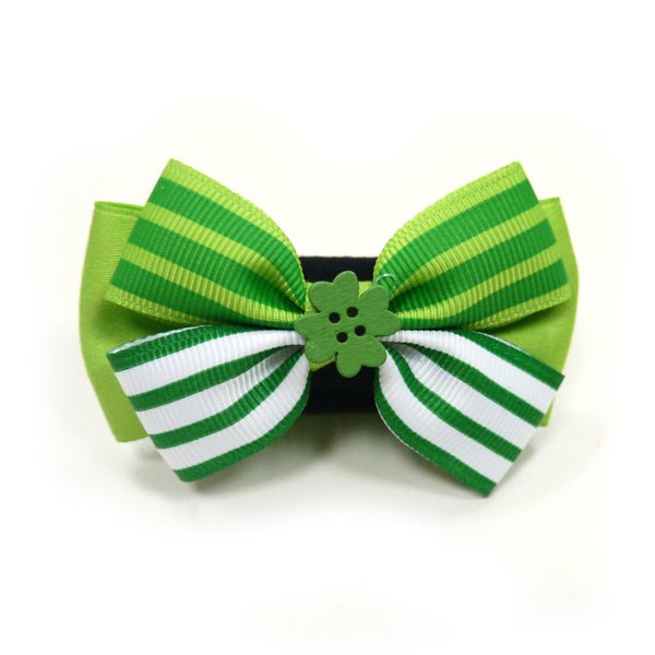 St. Patrick's bow: symmetrical green-and-white striped loops with green clover center