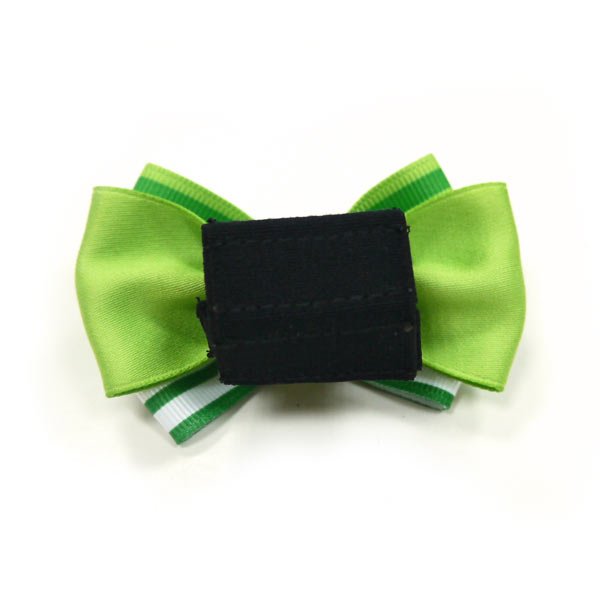 St. Patrick's bow: lime green loops with green-and-white striped edges and black label